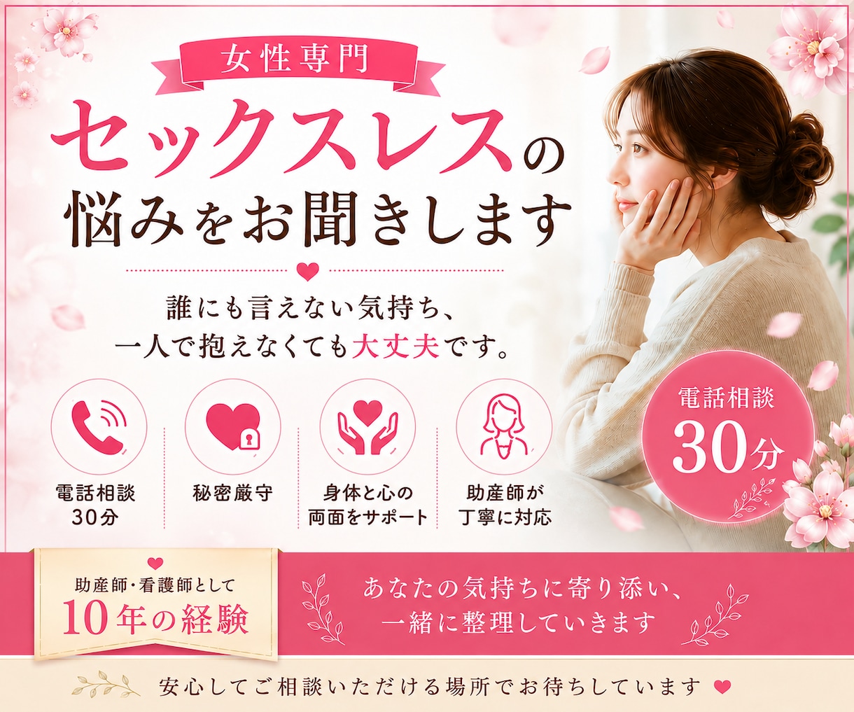 女性専門｜セックスレスの悩みを電話で伺います 助産師歴10年｜身体・心・関係の3方向から丁寧に整理します イメージ1