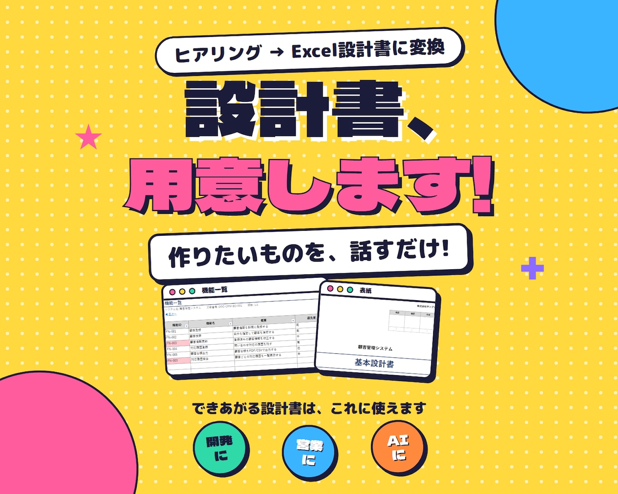 要件をヒアリングして基本設計書を用意します 要件でもアイデアでもOK!開発・営業・AIに使える設計書 イメージ1
