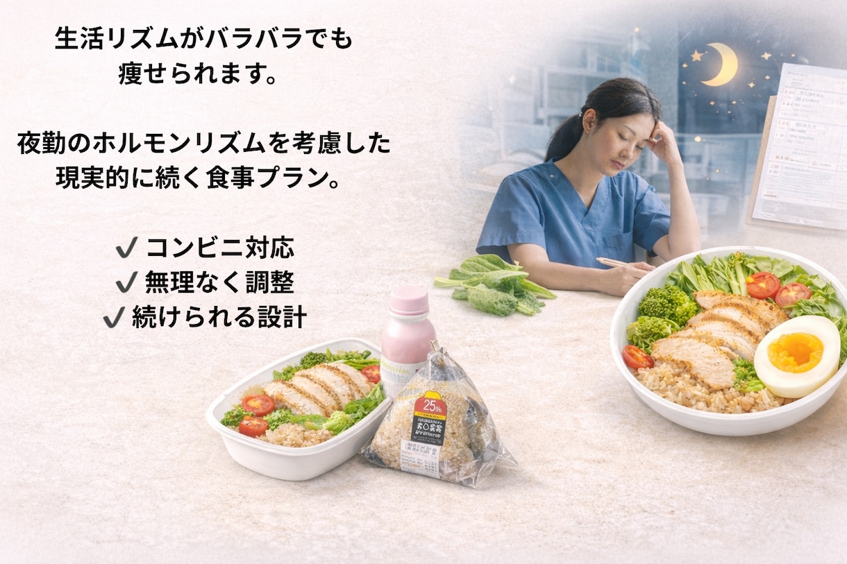 夜勤でも痩せたい人専用の食事プラン作ります その生活リズムでも体脂肪は落ちます イメージ2