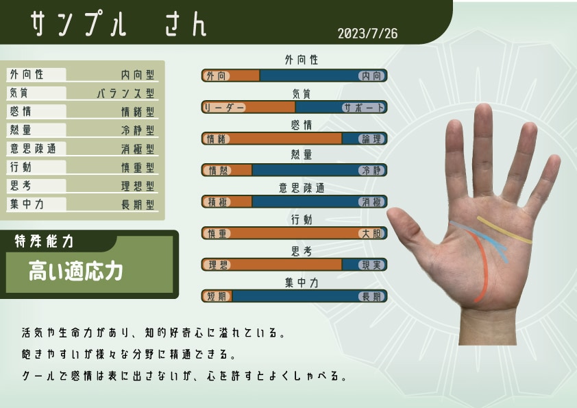 あなただけのオリジナル手相ステータスを作成します ゲーム風！手相をパラメータ化した鑑定書です イメージ1