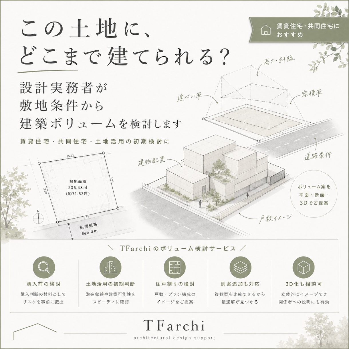 敷地条件から建築ボリュームを検討します 賃貸の初期検討に。設計実務者が建築可能なボリュームを検討 イメージ1