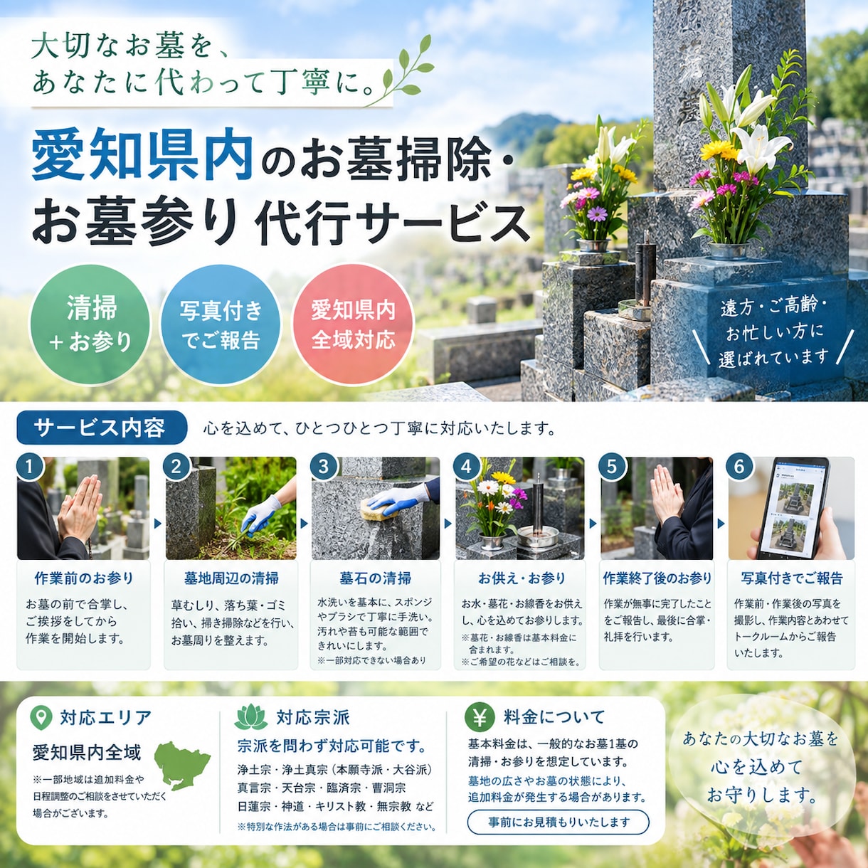 お墓参り・掃除代行します 愛知県内のお墓掃除・お墓参りを代行します｜写真付きで作業報告 イメージ1