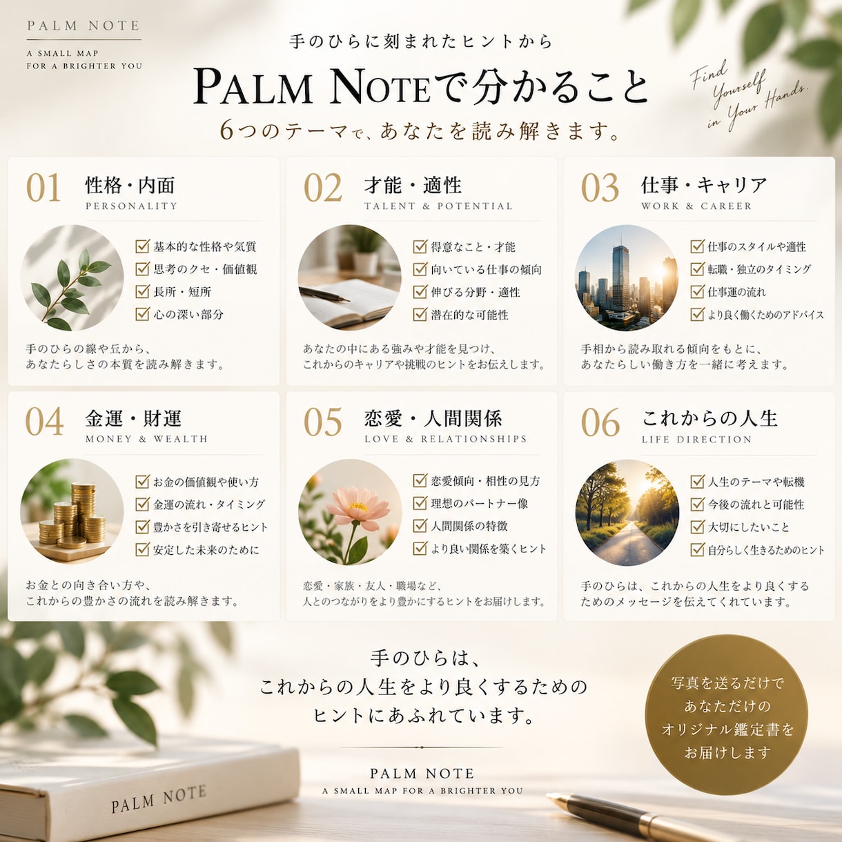 両手の写真からあなたの「手のひらカルテ」を作ります 性格・才能・仕事・金運・恋愛を丁寧に読み解く手相鑑定レポート イメージ2
