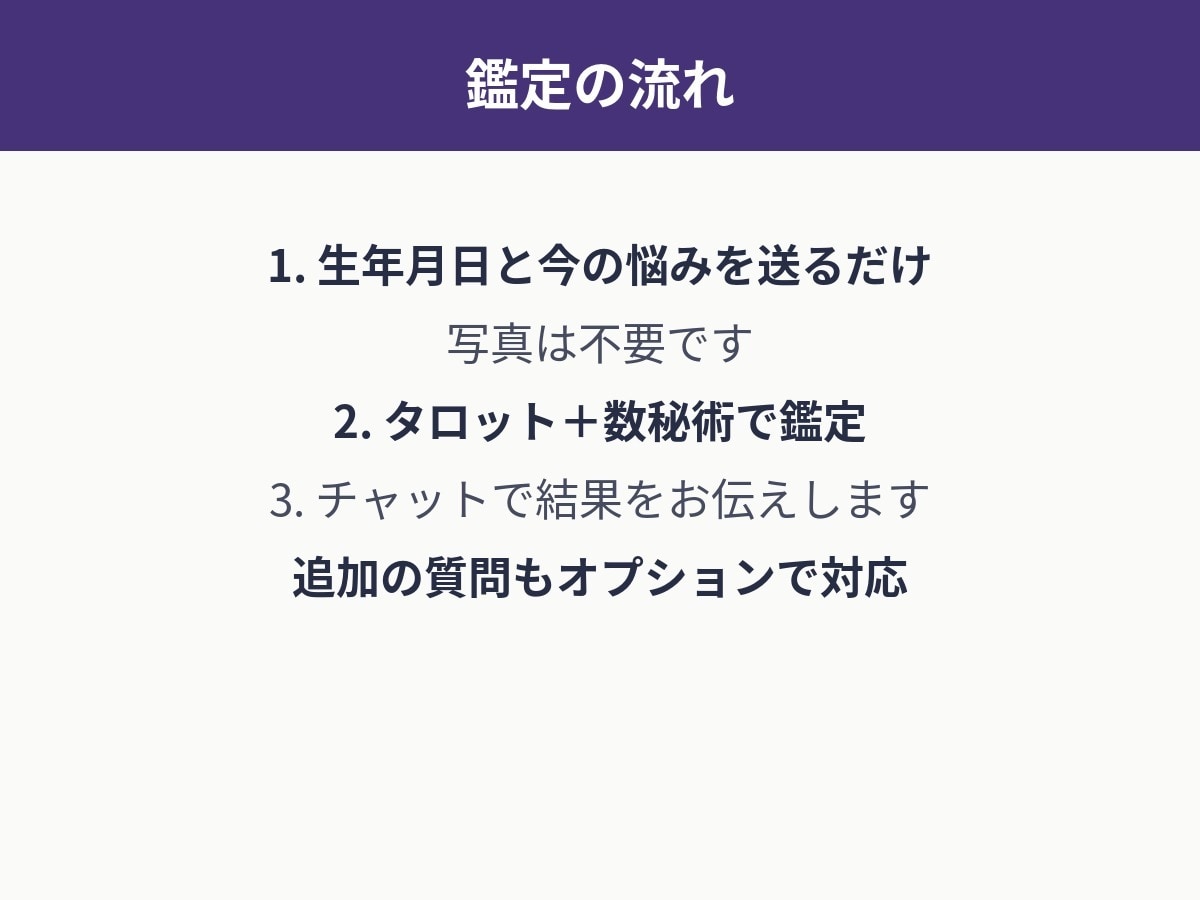 最短即日｜チャット占い・恋愛と仕事の悩みを占います 本日返信。生年月日と悩みだけでチャット鑑定、写真不要 イメージ2