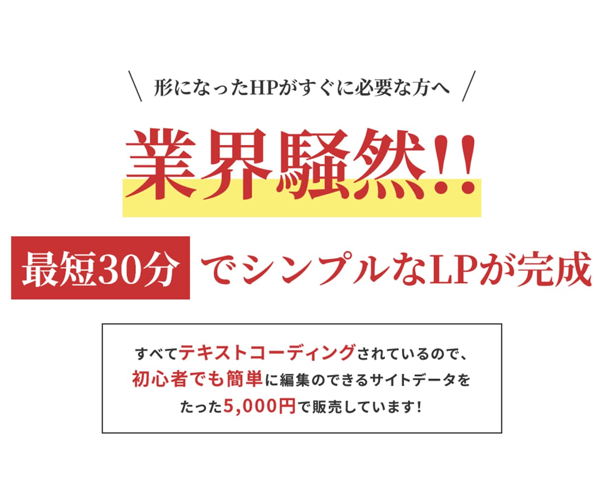 シンプルなLPを最短即日作成します テキスト原稿を元にhtmlとcssだけでコーディングします。 イメージ1
