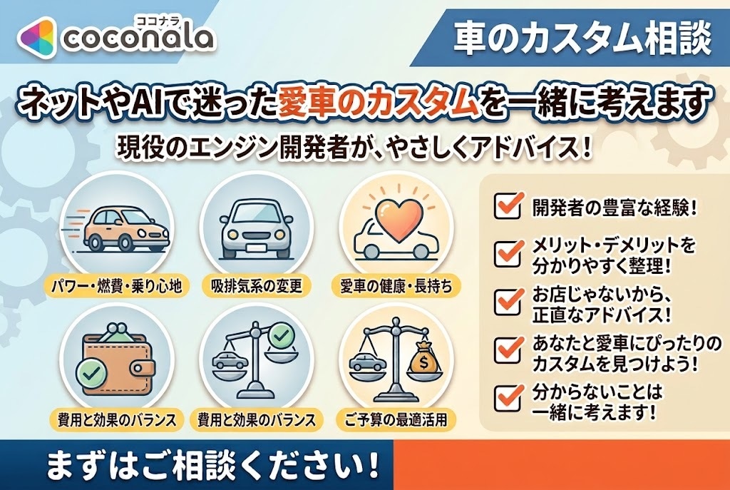 ネットやAIで迷った愛車のカスタムを一緒に考えます エンジン開発25年の技術者が、納得のカスタム選びをサポート イメージ1