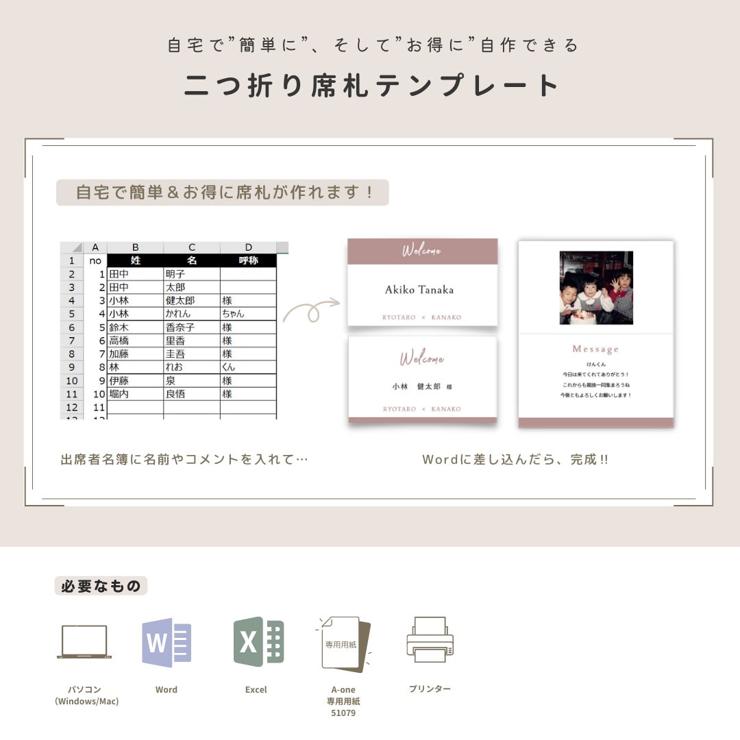結婚式用二つ折り席札テンプレートをお渡しします 席札テンプレート　Fleur（フルール）作り方ガイド付 イメージ2