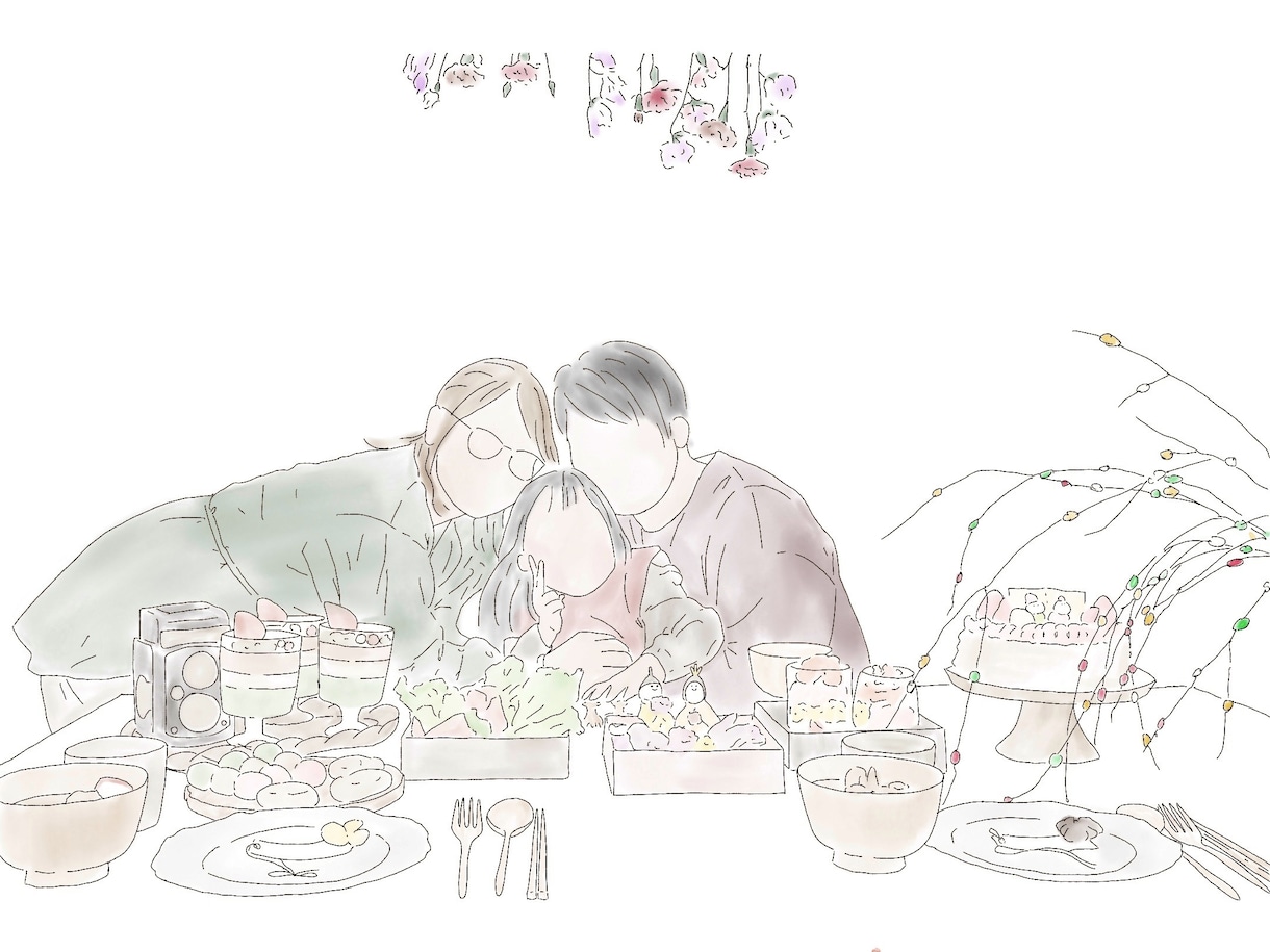 写真をもとに線画ニュアンスイラスト描きます じんわり柔らかい雰囲気に♡家族写真やウェルカムボードなど○ イメージ2