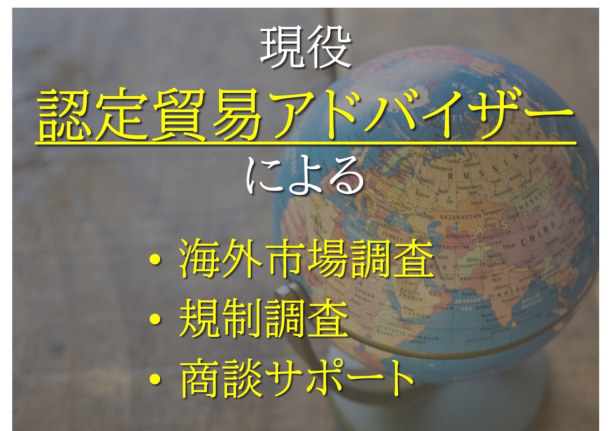 認定貿易アドバイザーが海外市場調査・貿易支援します 海外市場調査、規制調査、消費者調査、等行います。 イメージ1