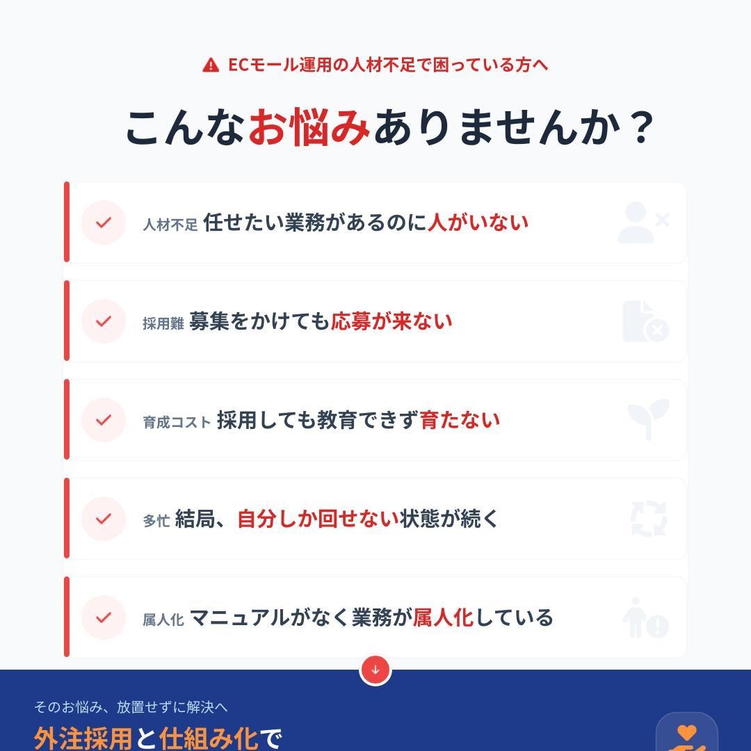 ECモール運用に必要な人材を採用、仕組化支援します ECモール運用経験を活かし適切な人材を採用、仕組化をサポート イメージ2