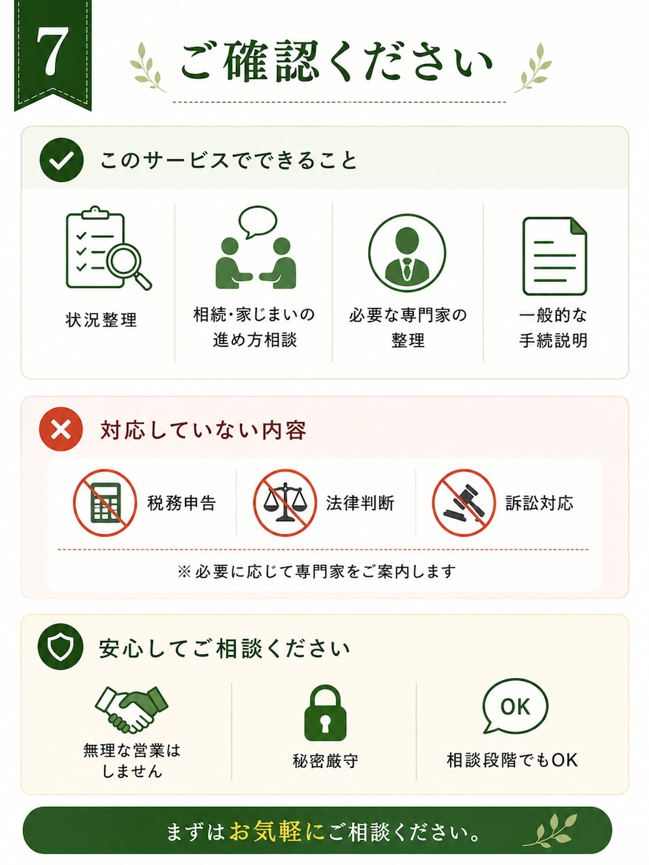 実家の相続と家じまい、何から始めるか整理します 相続案件数百件。税理士法人での実務経験をもとに相談を承ります イメージ7