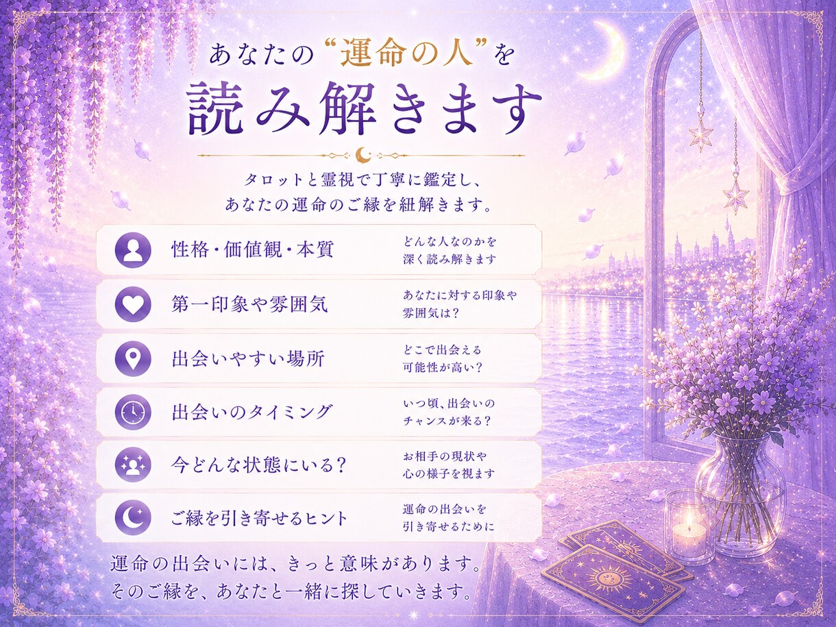 運命の人の特徴や出会いを視ます 性格・雰囲気・出会う場所まで鑑定 イメージ3