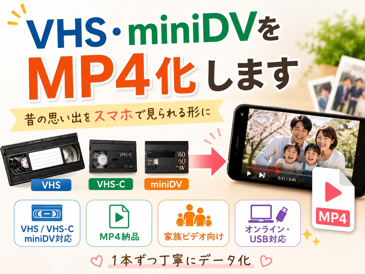 VHS・VHS-C・miniDVをMP4化します 昔の思い出をスマホで見られる形に イメージ1