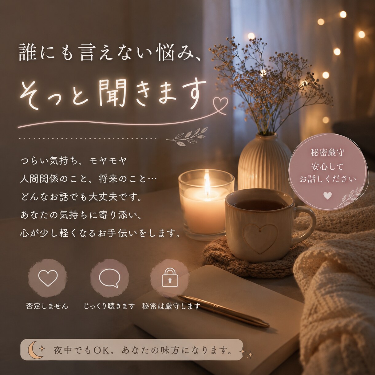 誰かと話したい夜に。ゆっくり話聞きます 嬉しかったことも、モヤモヤも。あなたの話、ゆっくり聴きます。 イメージ1