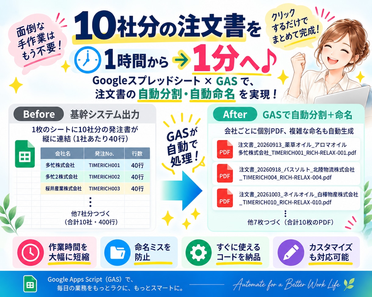 GASで複数社の発注書を個別PDFに自動分割します 貿易実務歴20年が開発｜10社分を個別PDFに自動命名 イメージ1