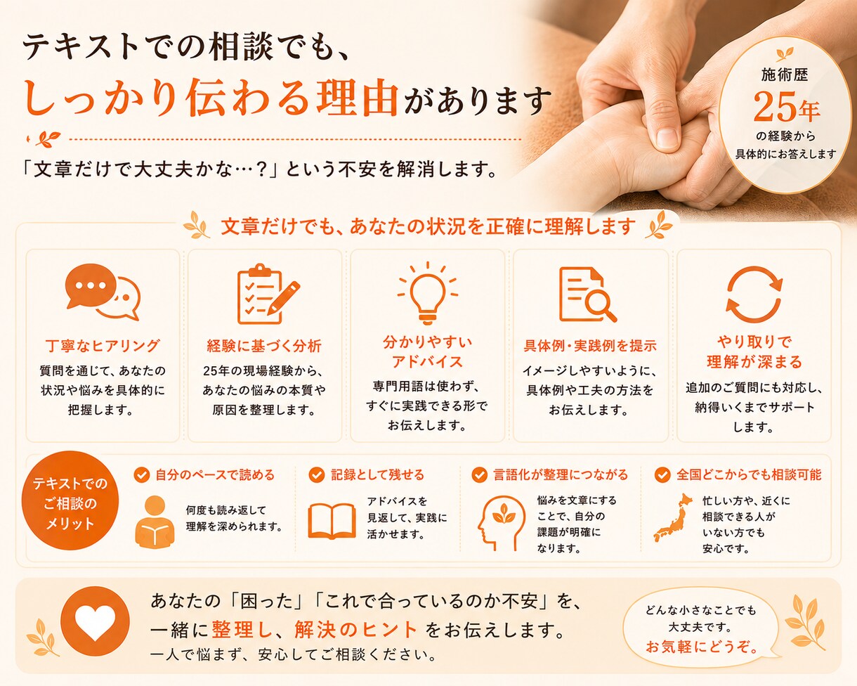 整体・リラクゼーション施術者の疑問に答えます 25年の現場経験から施術の迷いを一緒に整理 イメージ5