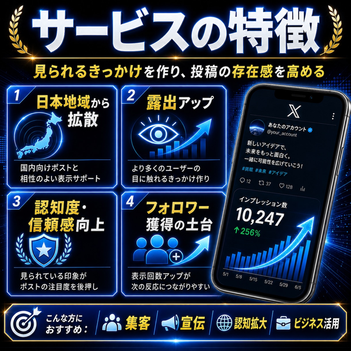 X〈Twitter〉のインプレッションを増やします 日本地域から10,000インプレッション増加サポート！ イメージ2