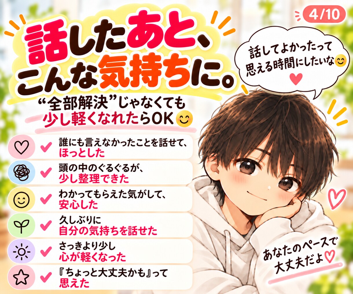 10月限定価格｜いつも頑張るあなたの話聴きます 家事・育児・夫婦・仕事のモヤモヤ、安心して話してください イメージ4