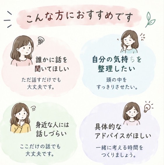 あなたのモヤモヤを一緒に整理します 話しながら気持ちや考えを一緒に整理します。 イメージ2
