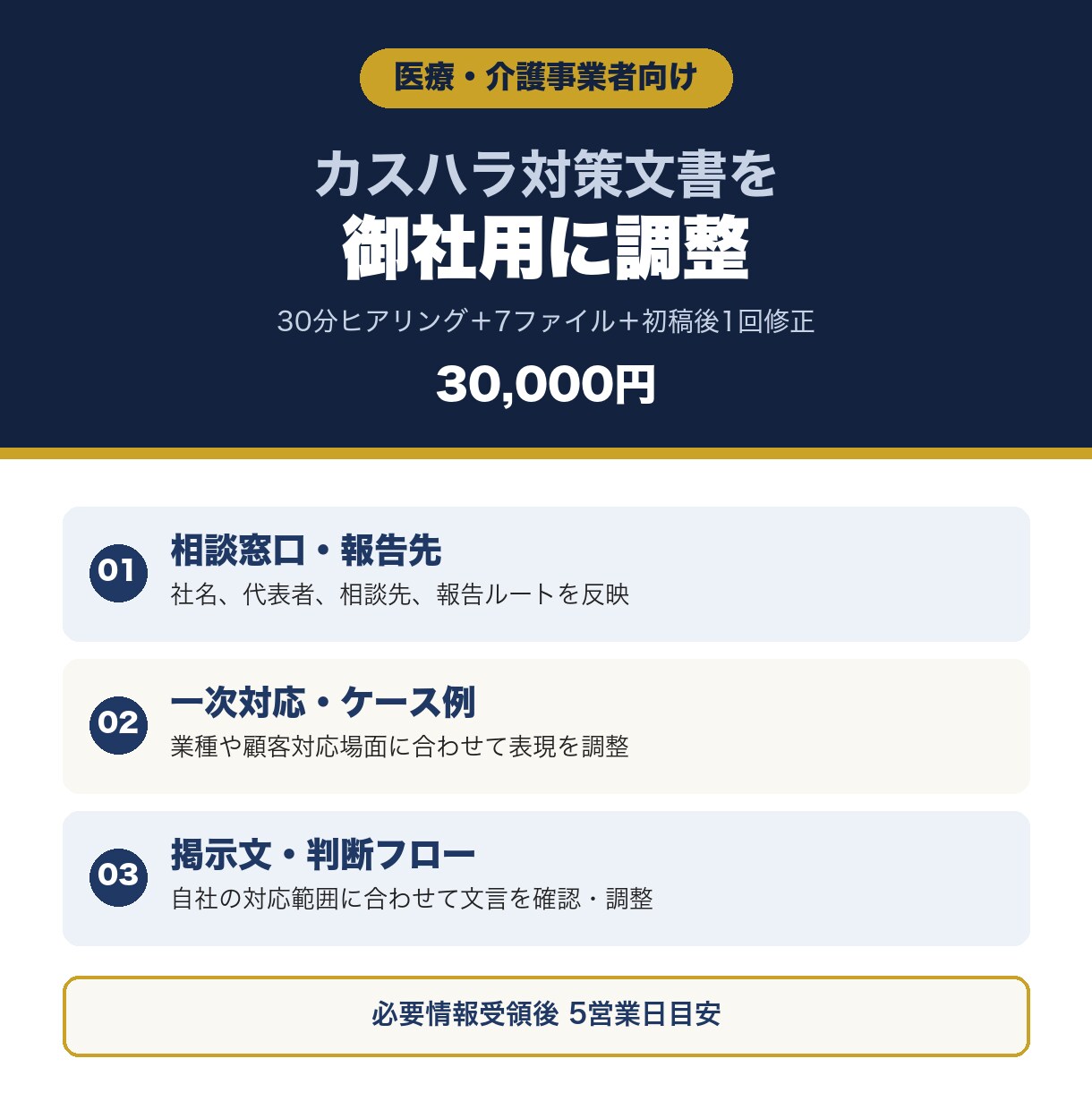 医療・介護向けカスハラ対策文書を自社化します 30分ヒアリングで方針・相談・記録・研修を調整 イメージ1
