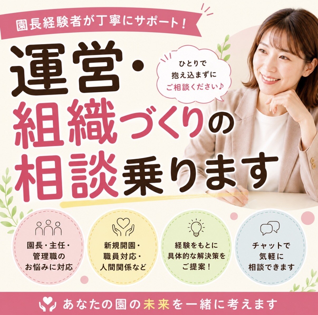 園長先生へ│組織づくりの個別相談乗ります 離職率0%実現の園長経験者が辞めない組織作りをサポート イメージ2