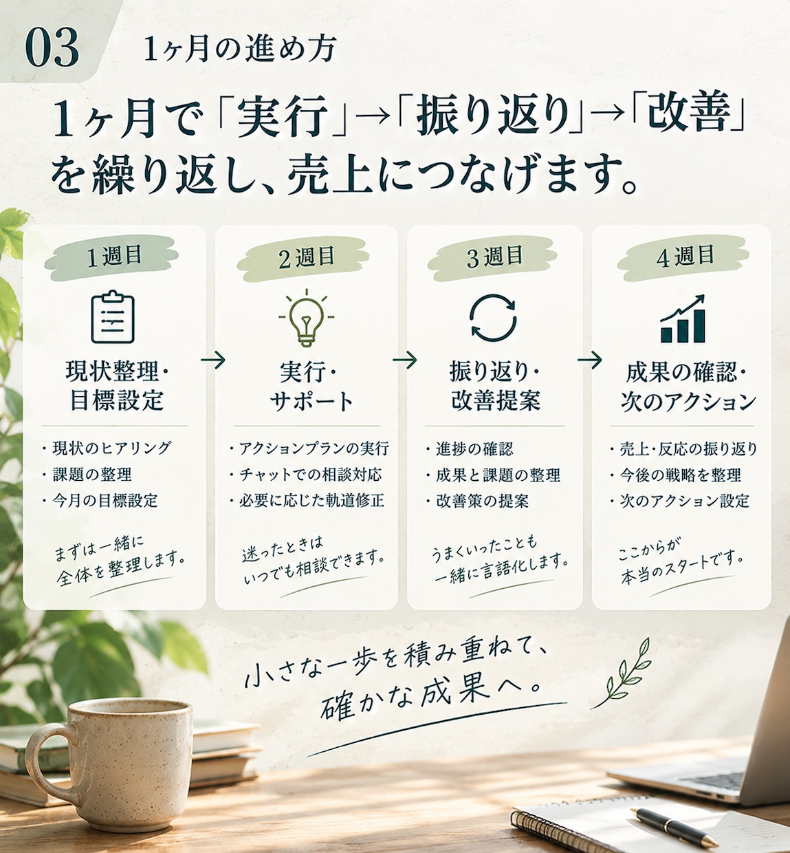 月次本伴走｜一か月の伴走で初売上を目指します 止まっていた足が、また動き出す｜1ヶ月、一緒に前進します イメージ4