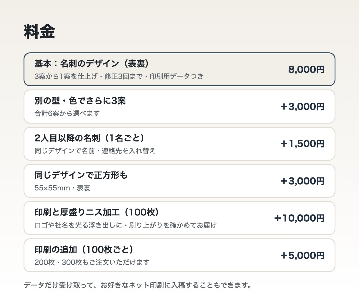 3つの案を見比べて選べる名刺をデザインします 方向のちがう3案を並べて、見比べて選べます イメージ5
