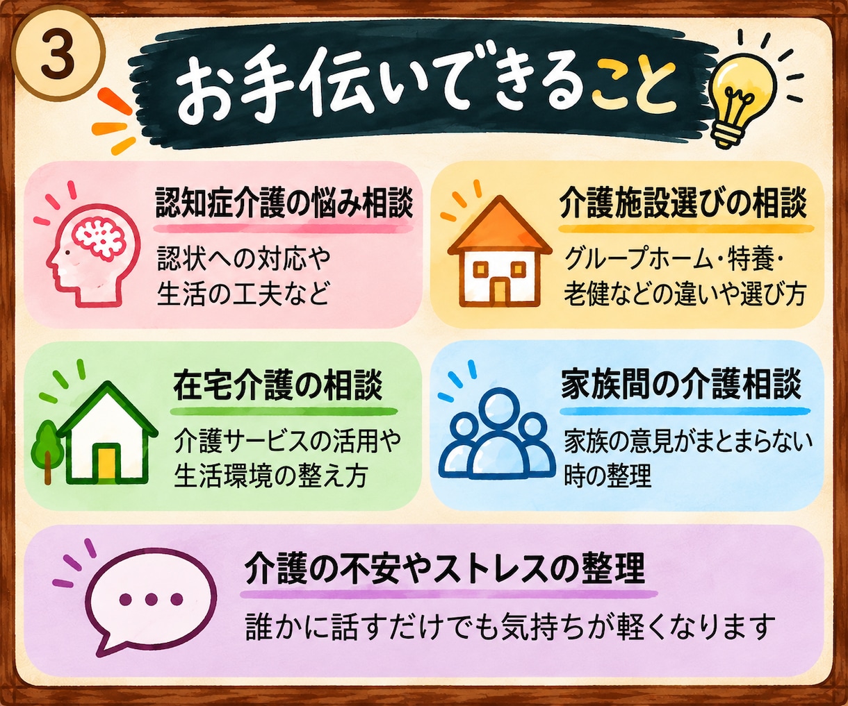 親の介護や認知症の悩みを整理できます 今の状況に合った選択肢を一緒に整理します イメージ3