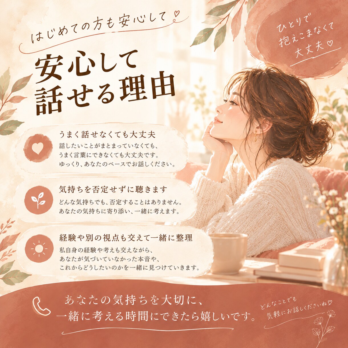 話して。貴方の本音、一緒に整理します 誰かを優先してきたあなたが、自分の気持ちを大切にできるように イメージ3
