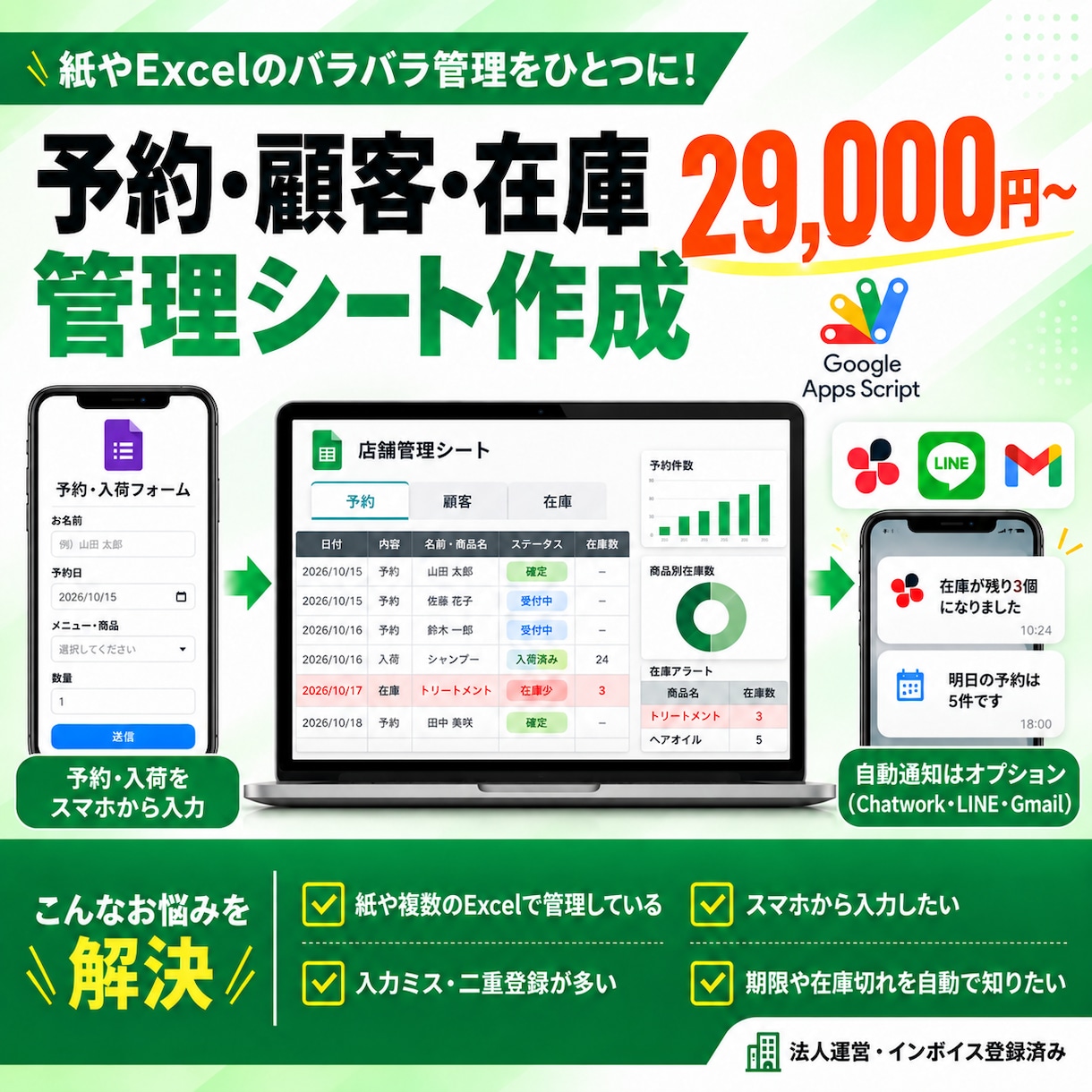 予約・顧客・在庫の管理シートを業務に沿って作ります スマホ入力フォーム付き。重複・入力ミスを防ぐ作り イメージ1