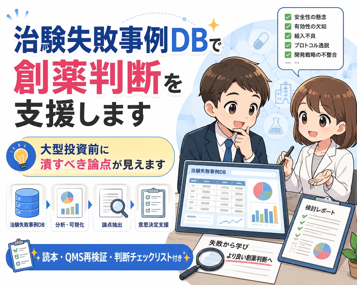 即納！治験失敗事例DBで創薬判断を支援します 即納！！大型投資の前に、先に潰すべき論点が見える資料！ イメージ1