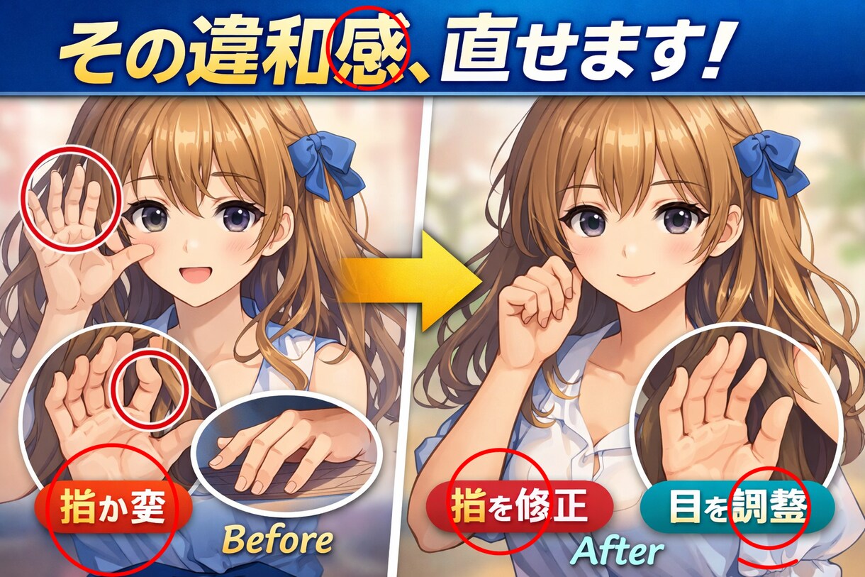 AIイラストの違和感・文字の崩れを修正します AIで生成したイラストの違和感や文字の崩れを修正します⚆⚆ イメージ1