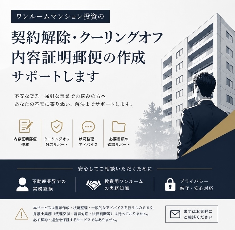 ワンルーム投資解約の為の内容証明郵便を作成します クーリングオフ、内容証明郵便作成、解約手続きお任せください！ イメージ1