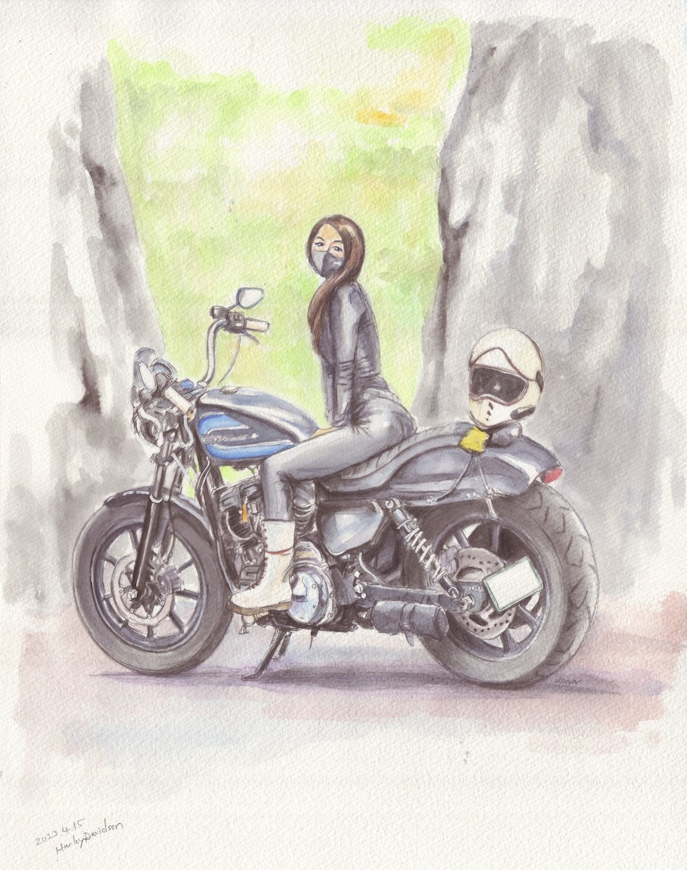 バイク、及び人物の水彩イラストを作成いたします 大切な愛車との思い出を淡い水彩イラストで残してみませんか？ イメージ2
