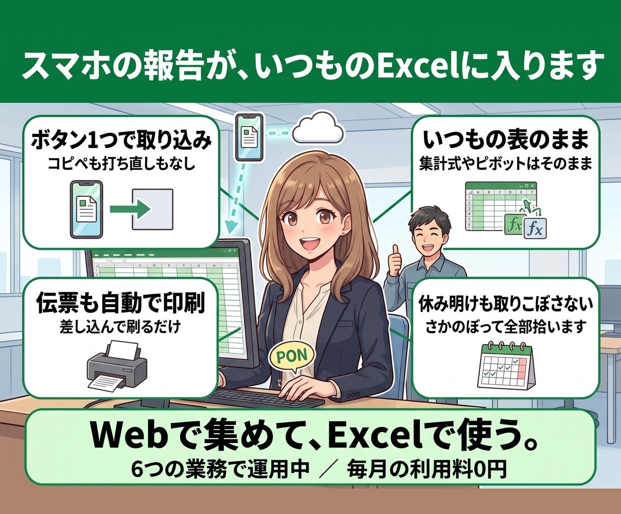 スタッフの報告をスマホ入力にしExcelへ集めます 紙やLINEの報告が、手元のExcelに自動で入ります イメージ1