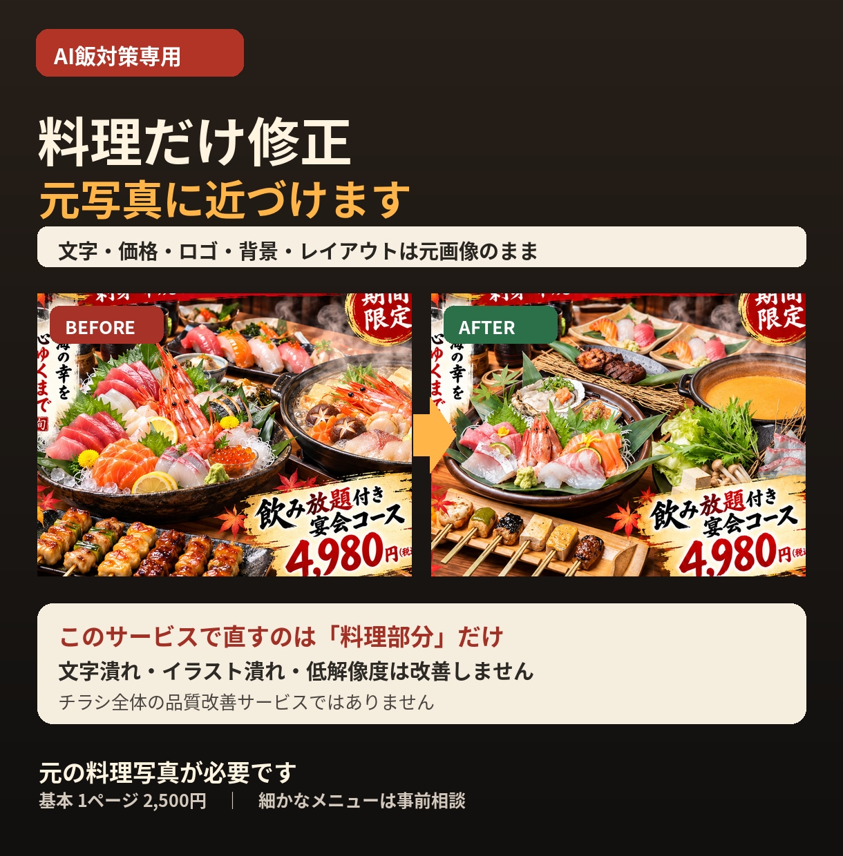AI生成チラシの料理を元写真に近づけて修正します AI飯対策！料理以外はそのままで、元写真寄りに修正 イメージ1