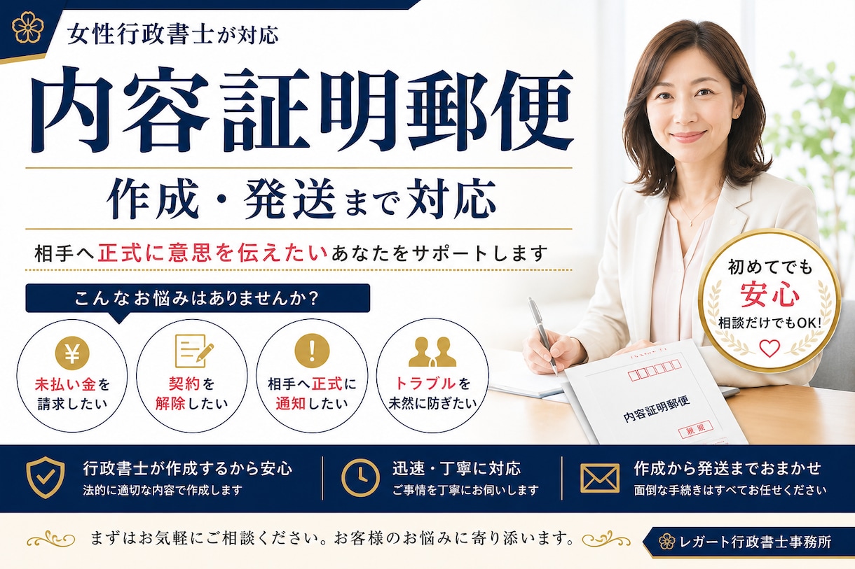 内容証明郵便を行政書士が丁寧に作成します 未払い金・契約解除など幅広く対応します イメージ1