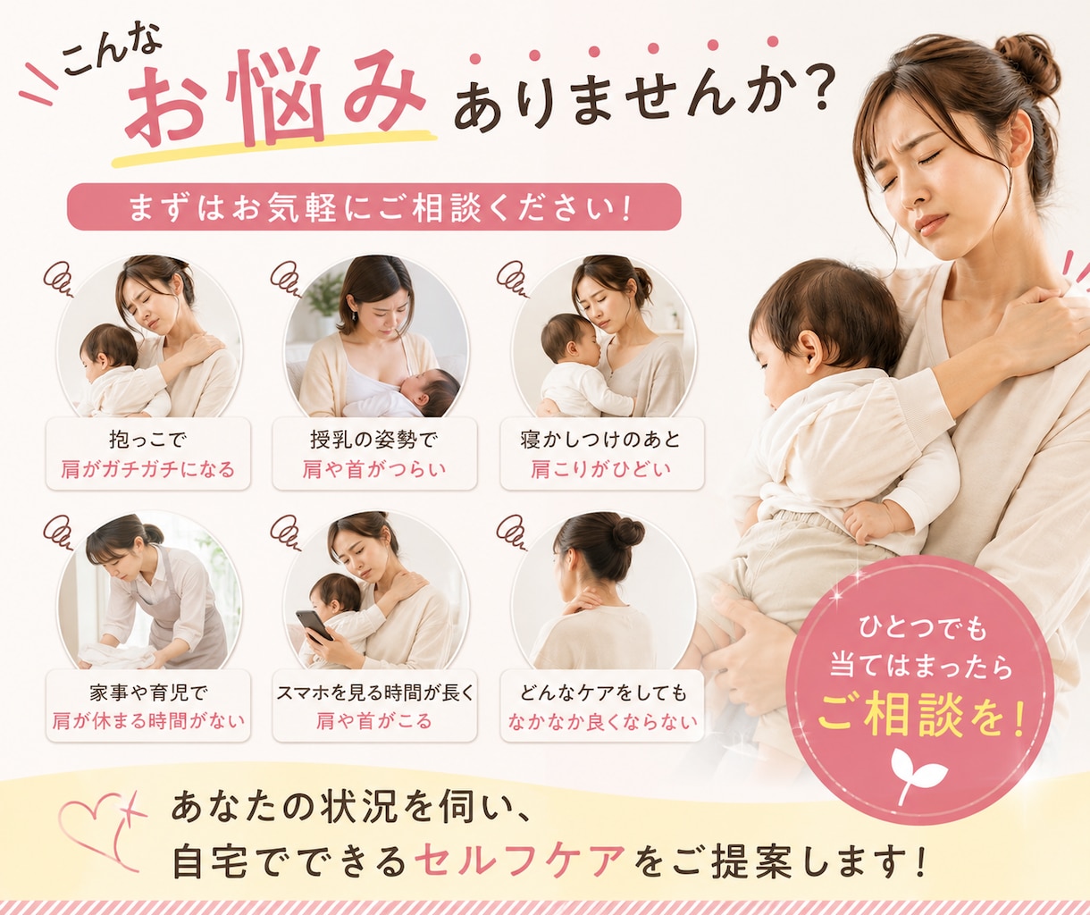 子どもの抱っこでつらい肩をケアします 育児でつらい肩にセルフケアを提案します。 イメージ2