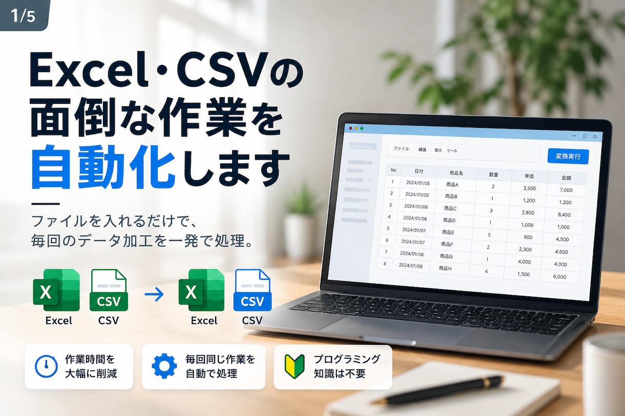 Excel・CSVの面倒な変換作業を自動化します 毎回の並べ替え・削除・計算・文字変換を専用ツールで一発処理 イメージ1