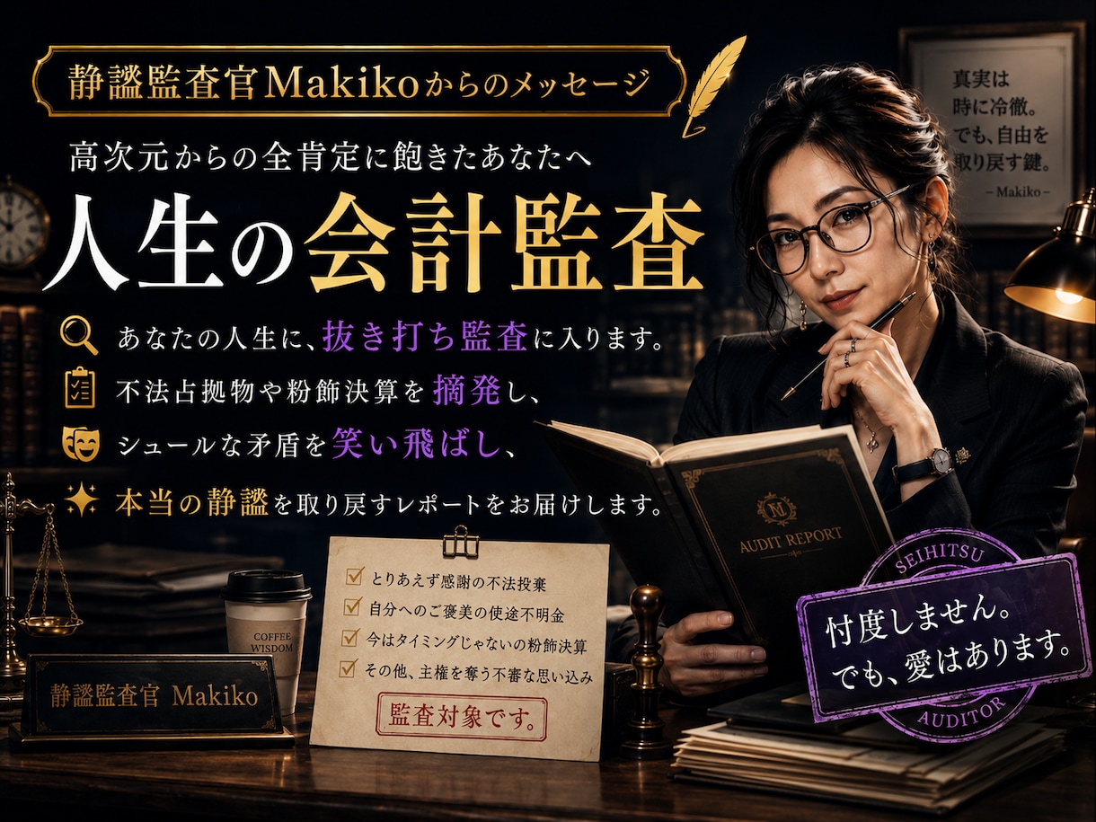 静謐監査官Makikoからのメッセージお届けします 高次元からの全肯定に飽きたあなたへ。人生の会計監査。 イメージ1