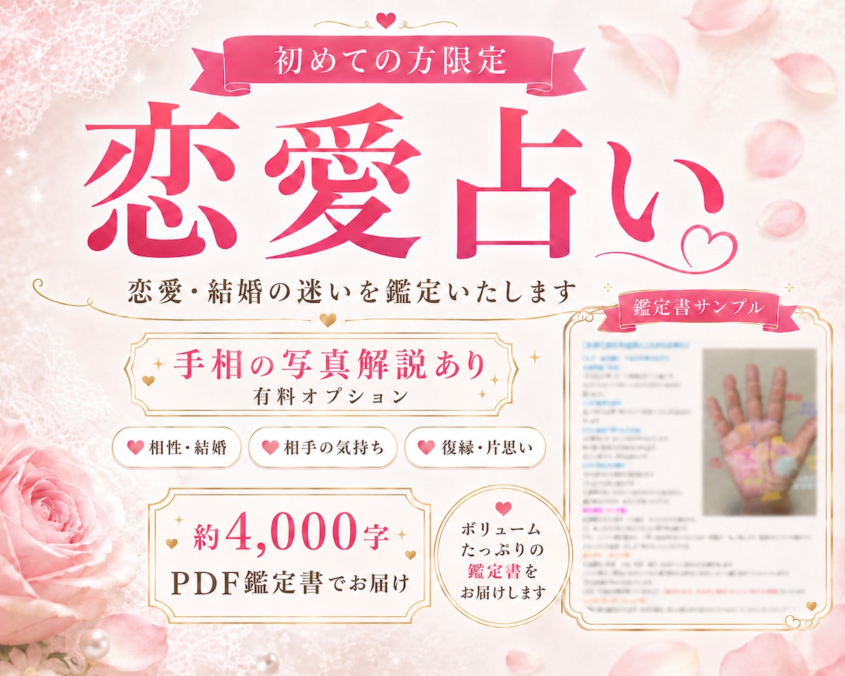 恋愛占いを手相×九星気学にて詳しく鑑定いたします 初回限定）鑑定歴29年！手相の画像解説付きで鑑定いたします！ イメージ1