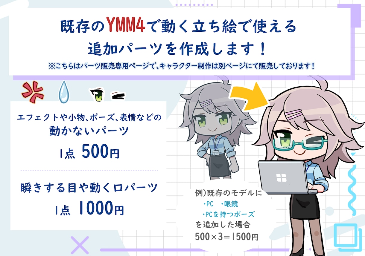 ゆっくりムービーメーカー４対応のパーツ素材作ります 表情や小物を追加したい際に1単価500～3000円で作ります イメージ2
