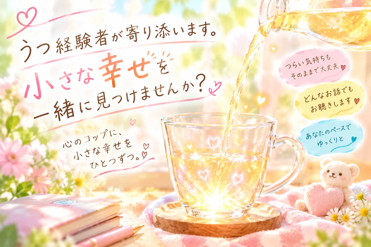一緒に心のコップに小さな幸せを注ぎます うつ経験者が寄り添います。小さな幸せを一緒に見つけませんか？ イメージ1