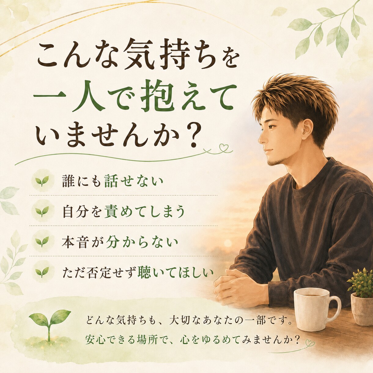 一人で抱え込んだ気持ちを、否定せずにお聴きします まとまらない気持ちを、一緒に整理します。 イメージ2