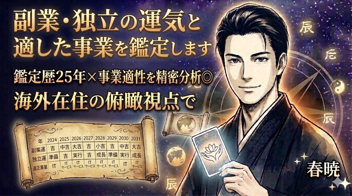 副業・独立の運気と適した事業を鑑定します 鑑定歴25年×事業適性を精密分析◎海外在住の俯瞰視点を提供 イメージ1