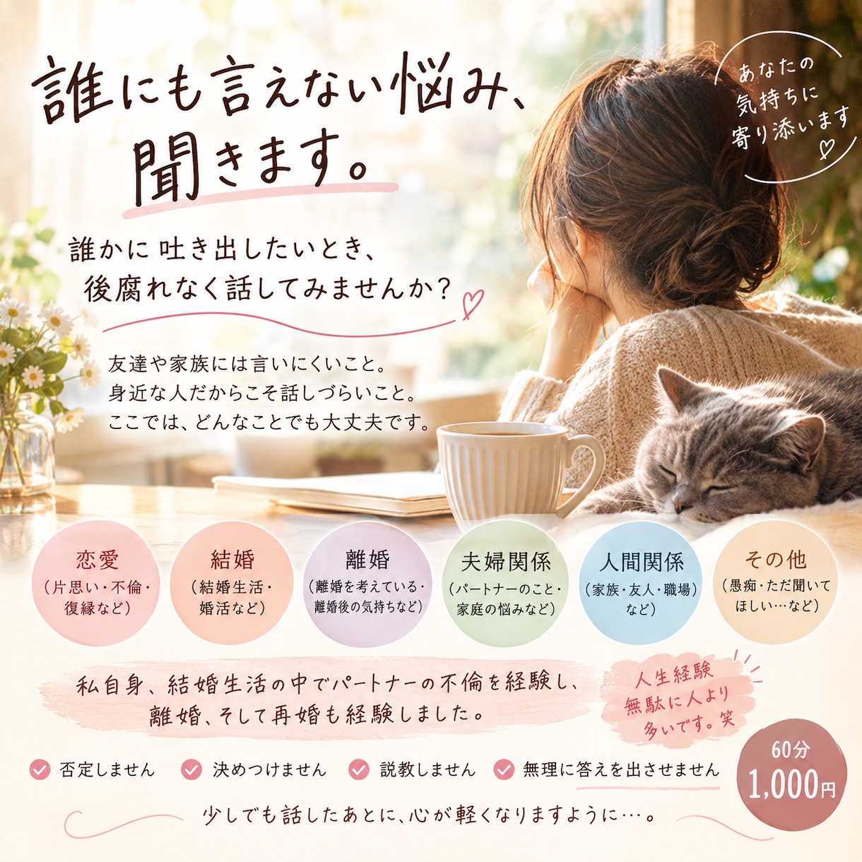 誰にも言えない悩みや愚痴聞きます 知り合いや友達には言いにくいこと後腐れなくぶつけてみませんか イメージ1