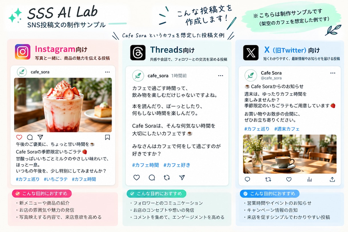Instagram・Xの投稿文を10本作成します 忙しい店舗・個人事業主のSNS発信をAIでサポート イメージ2
