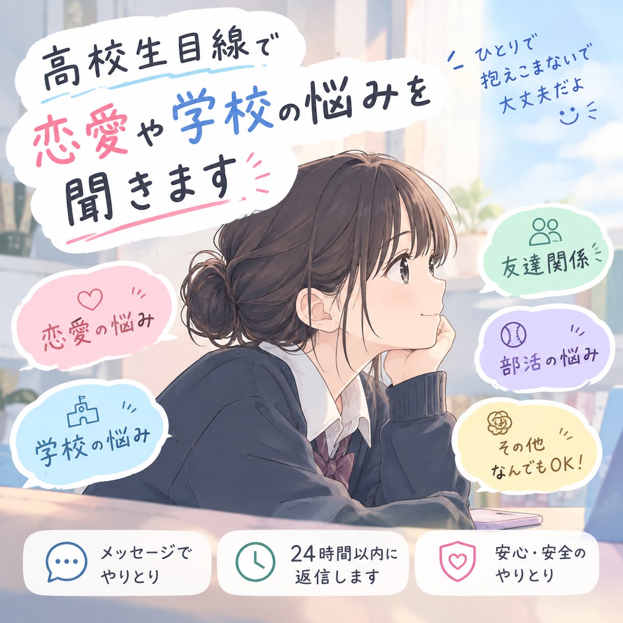 高校生目線であなたの悩みを聞きます 「誰かに話を聞いてほしい」そんなときの相談相手になります！ イメージ1