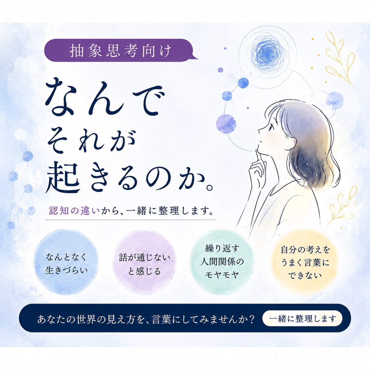 繰り返す出来事を、認知の視点から整理します その違和感や出来事、一緒に整理しませんか？ イメージ1