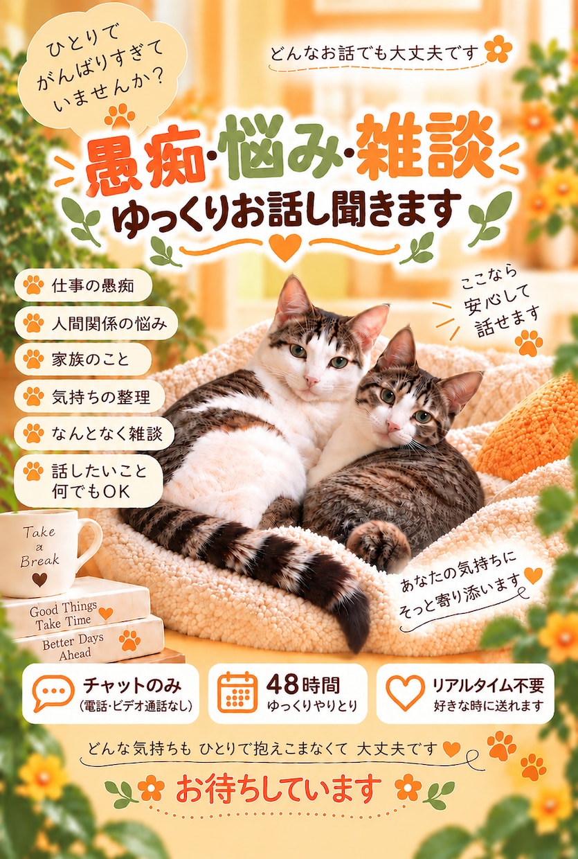 48時間ゆっくりチャットでお話を聞きます ～リアルタイム不要♪好きな時に気持ちを話せます～ イメージ1